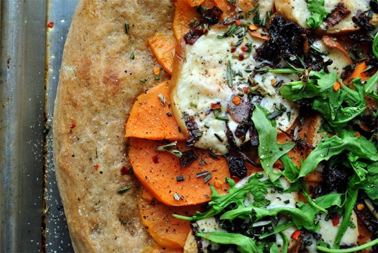 Sweet Potato, Caramelized Shallots, Smoked Mozzarella Pizza with Wilted Arugula